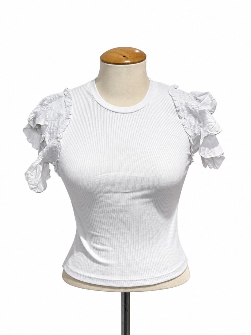 Zara White Ribbed Ruffle Sleeve Tee